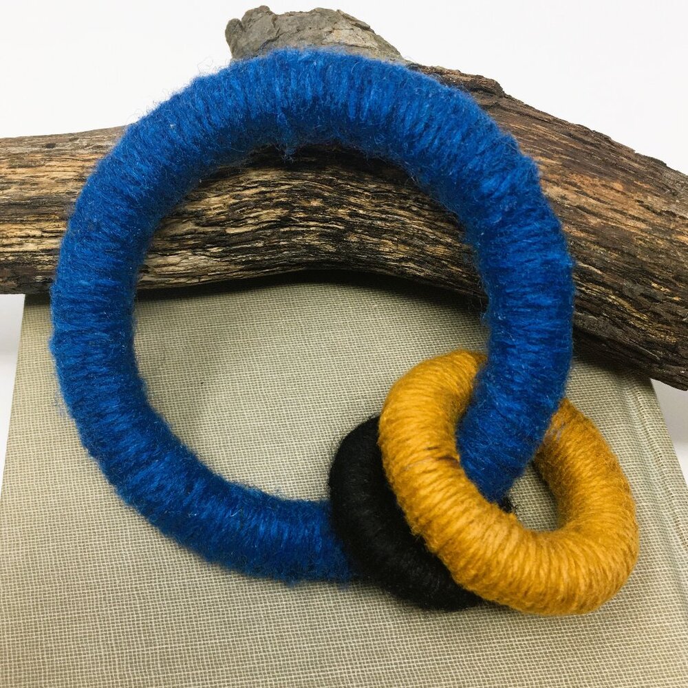 Handmade Blue Mustard Black Wool Acrylic Cotton Wrapped Multi Wood Ring Bracelet
